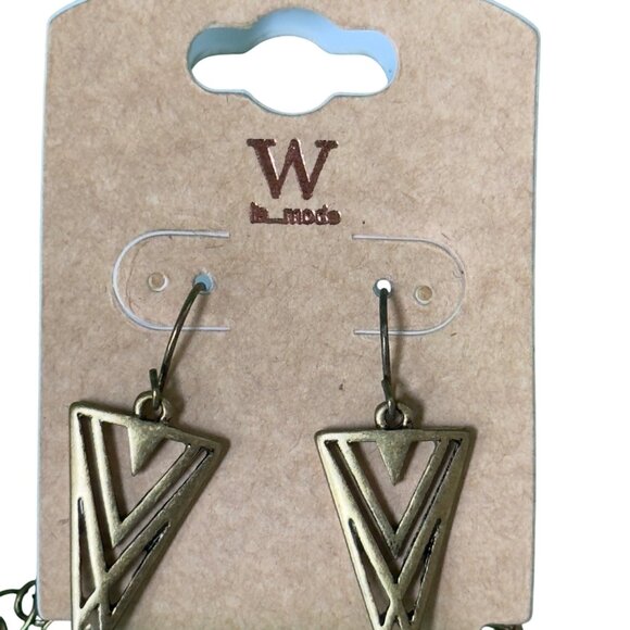 W Necklace Earring Set Triangle Pendants Geometric Design Double Chain Gold-Tone - Picture 10 of 14